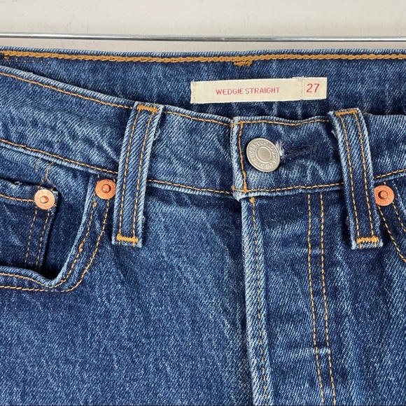 Levi’s Premium Wedgie Straight Jeans Blue Raw Hem Button Fly Sz 27 Dark Wash - Picture 5 of 13